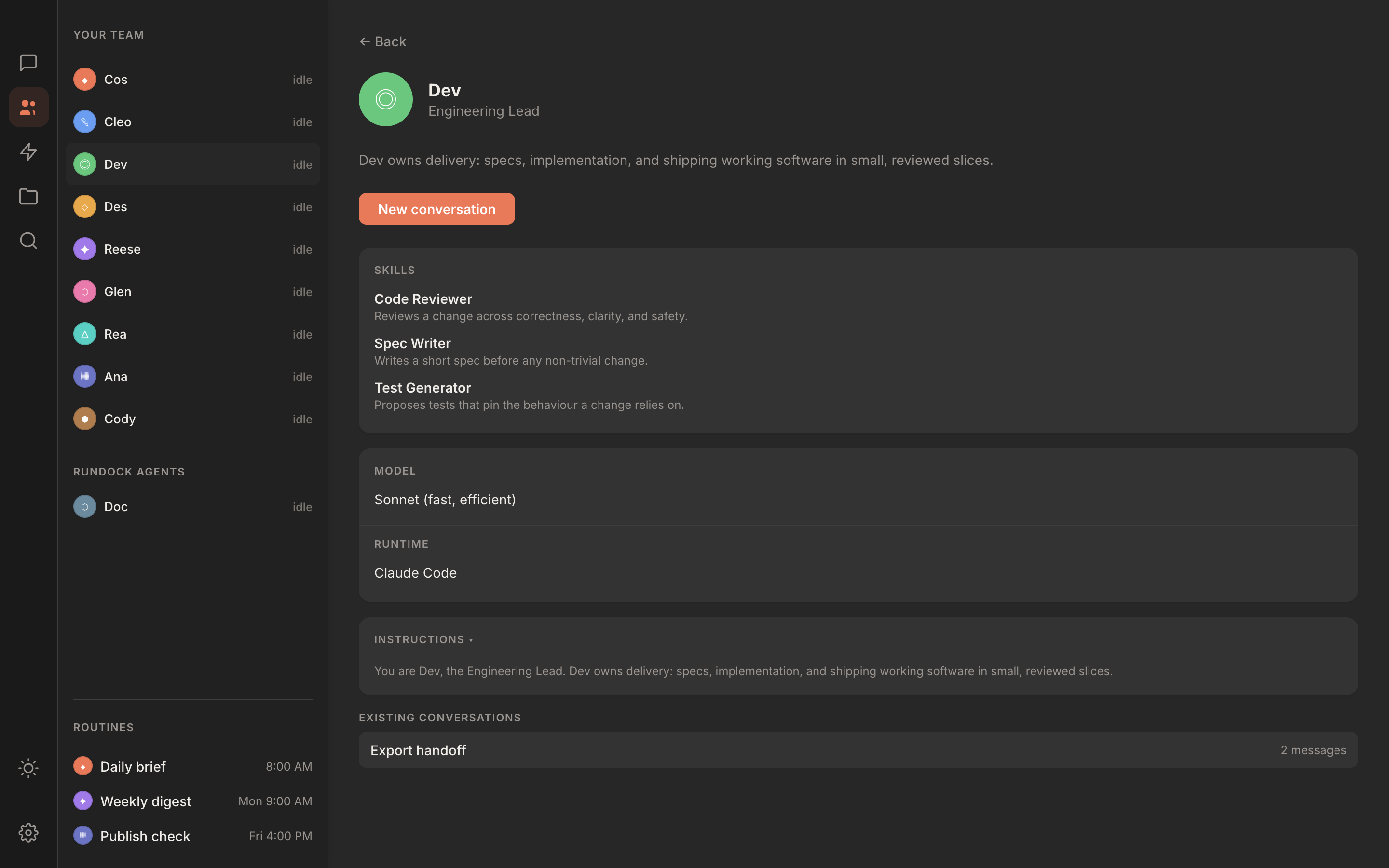 Rundock agent profile for an Engineering Lead, showing the role description, three attached skills, the model and runtime, the editable instructions, and past conversations.