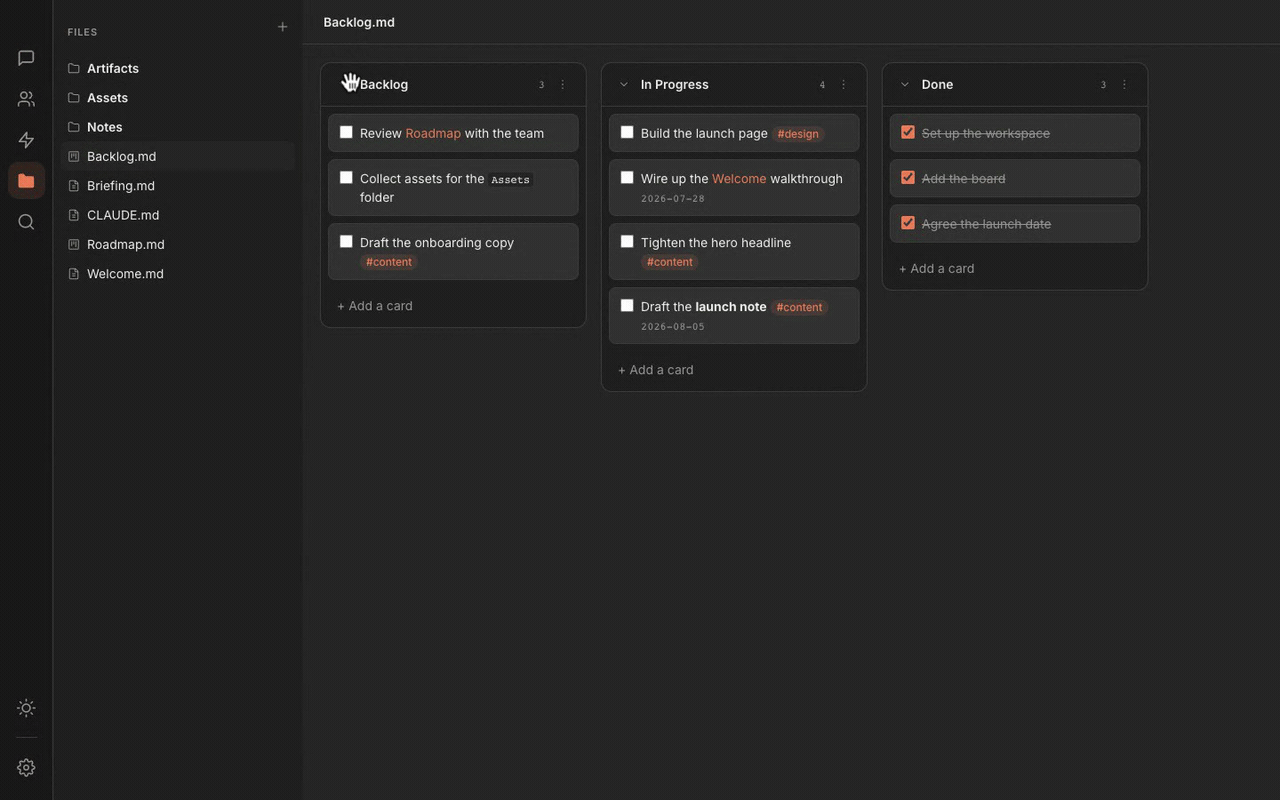 Rundock showing a Kanban board with several columns and a card being dragged from one column to another.