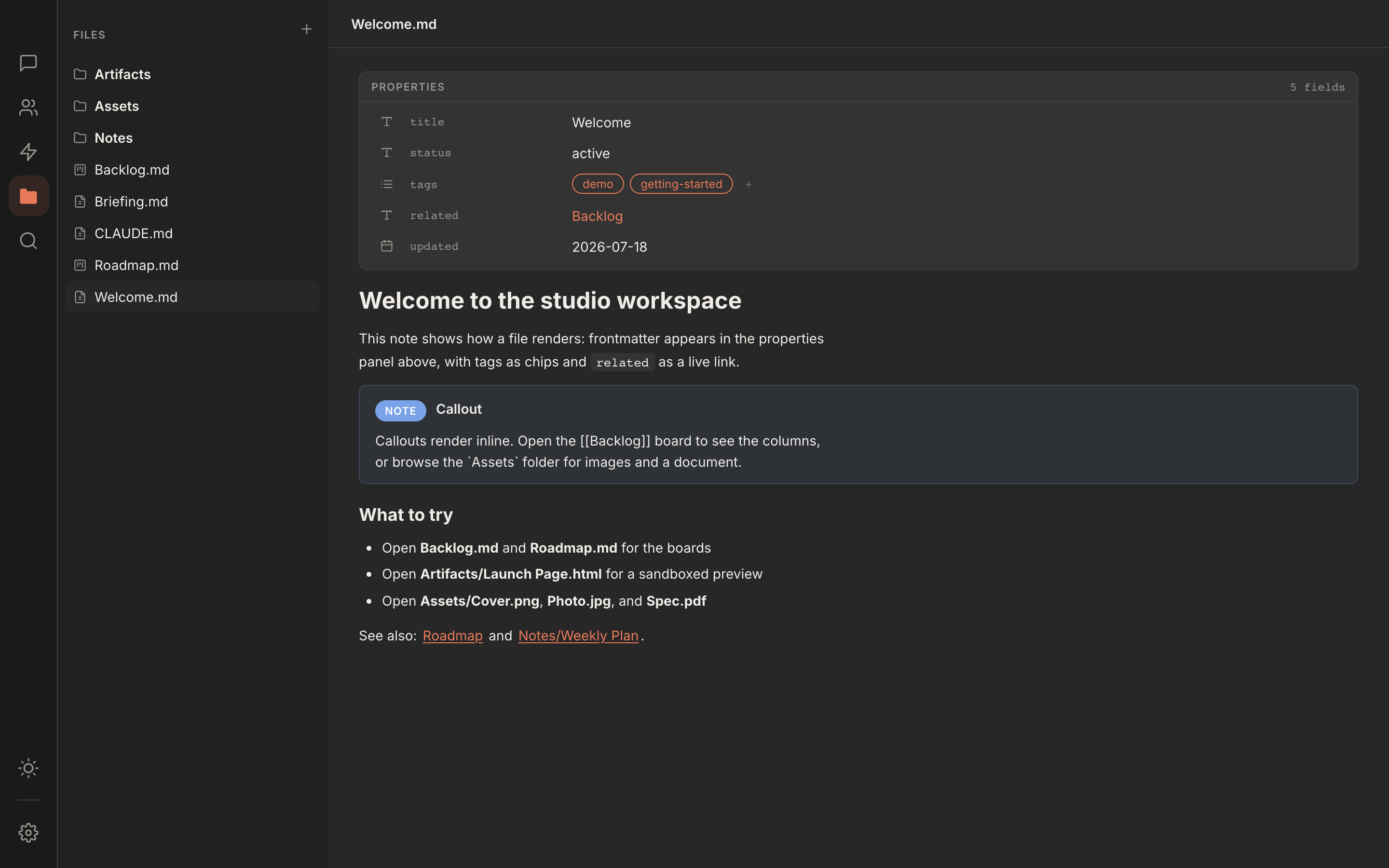 Rundock showing a markdown note in the editor, with a properties panel above it listing title, status, tags as chips, and a linked related note, and a coloured callout rendered inline below.