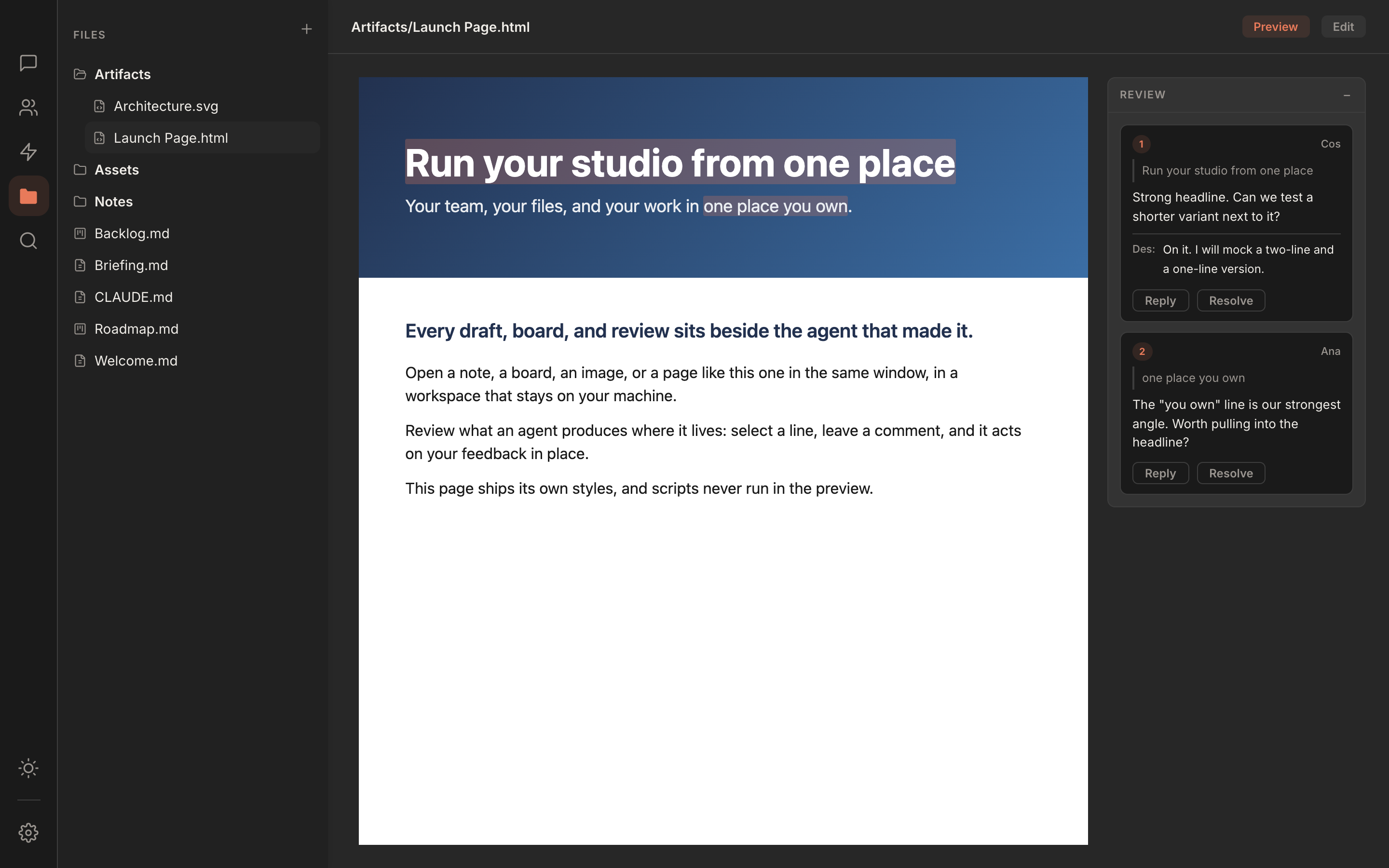 Rundock showing an HTML page rendered in the main panel with a review sidebar beside it holding threaded review comments with reply and resolve controls.