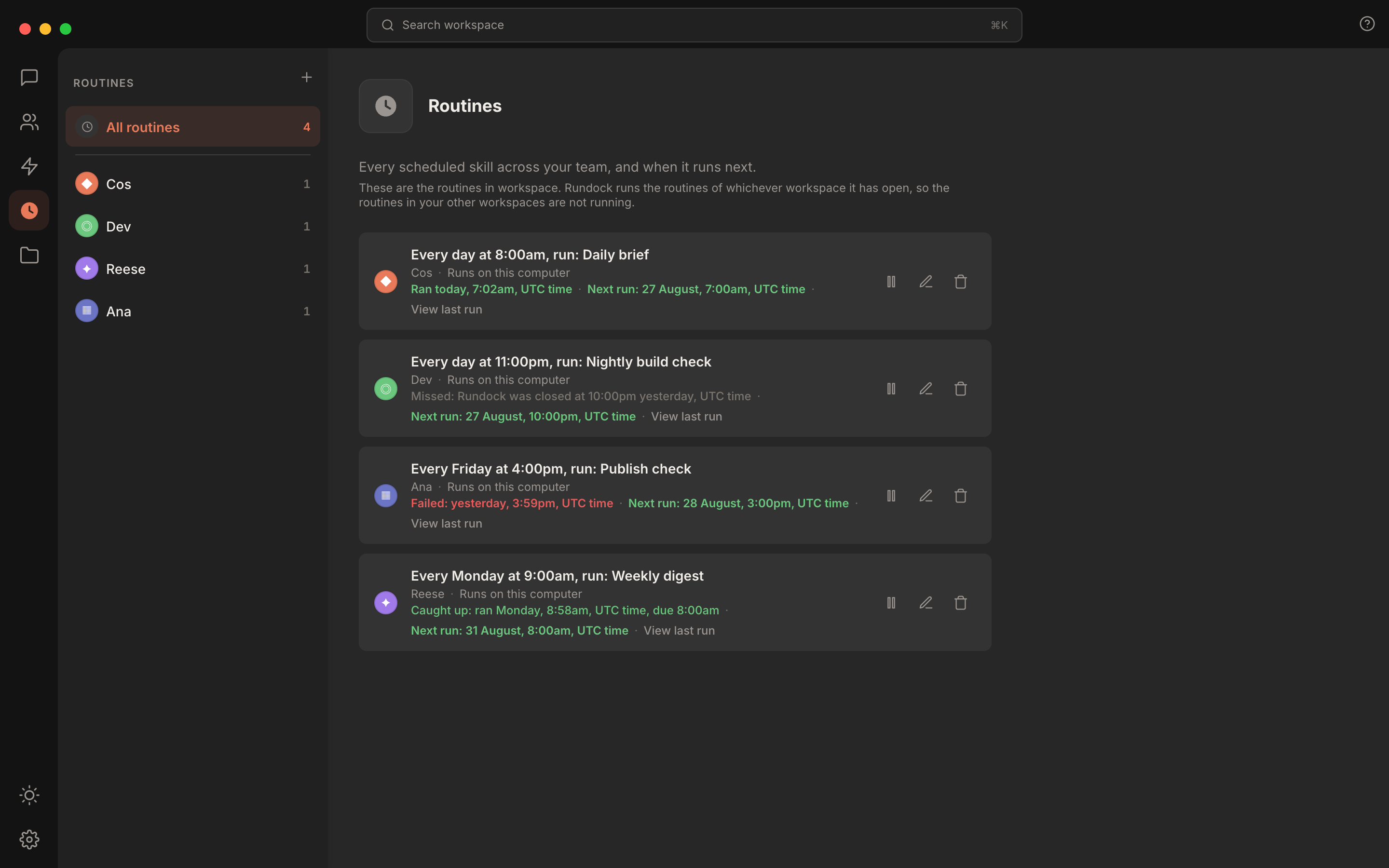 Rundock routines list showing four scheduled routines across different agents, each in a different run state: ran on time, caught up after a missed slot, missed, and failed.
