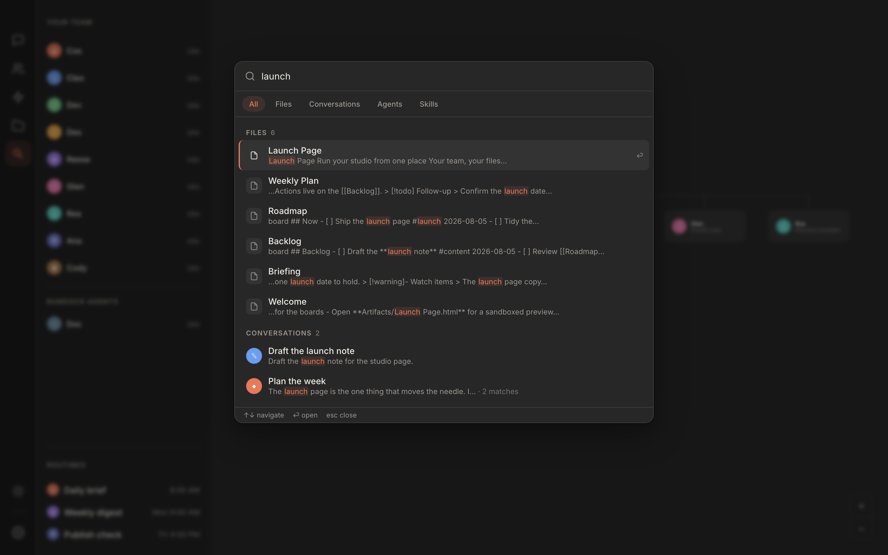 Rundock universal search palette open over the app, showing results for a query grouped into files and conversations with the matching word highlighted in each result.