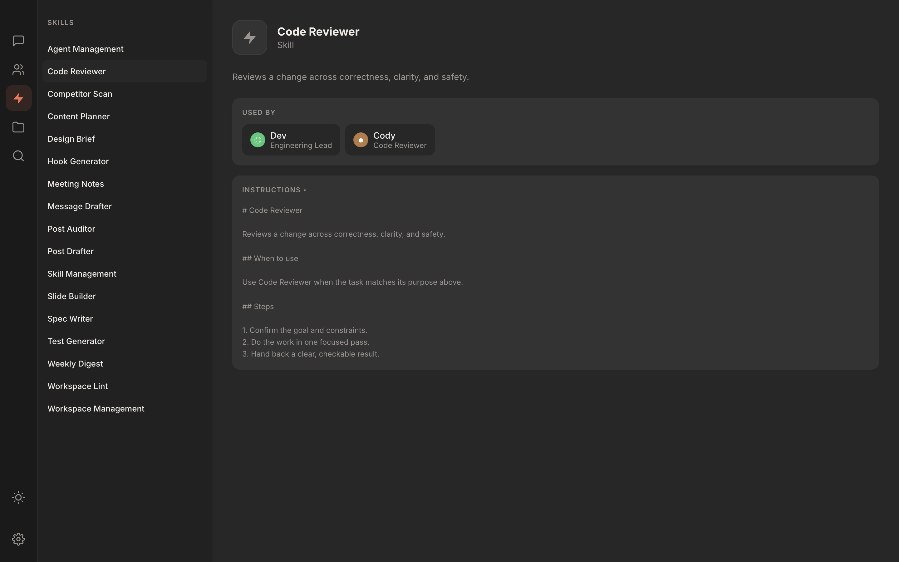 Rundock skills view showing the list of workspace skills with one skill open, its description, and the agents it is attached to.