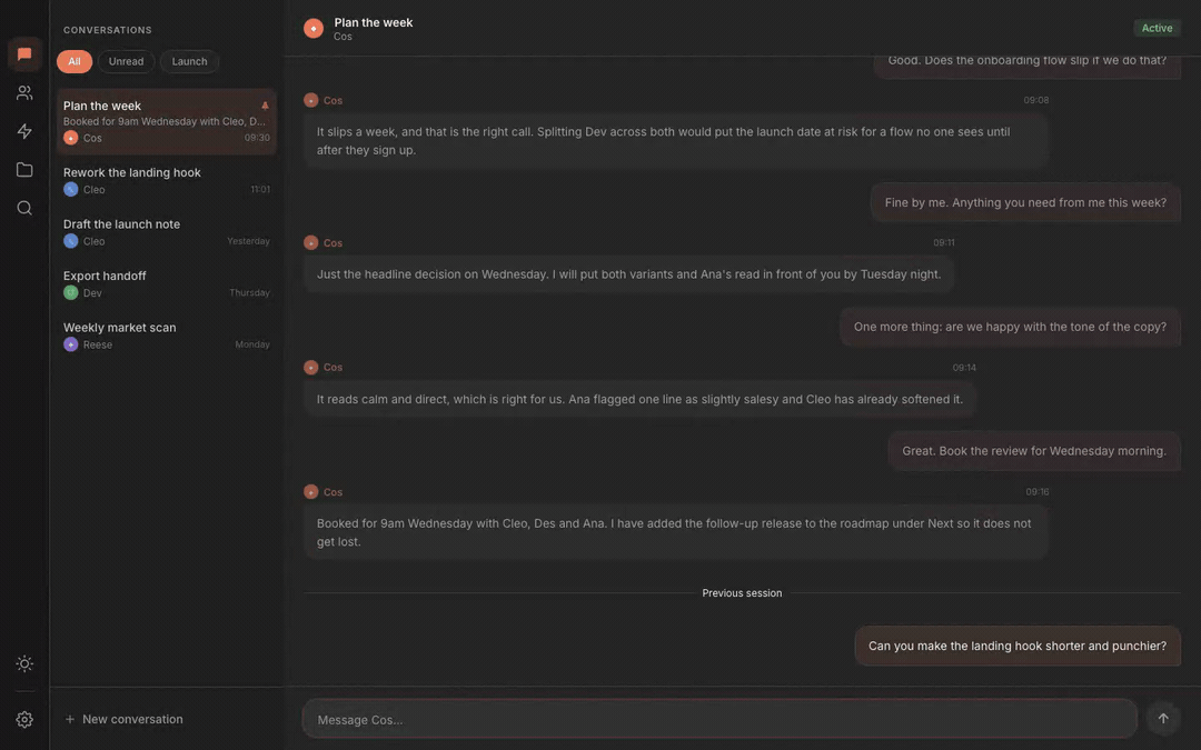 Rundock conversation with a specialist agent replying in real time, the answer streaming in line by line as the agent works.